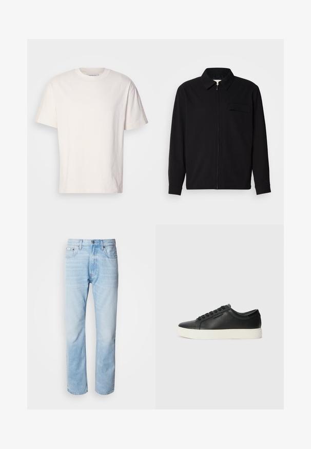 Melna garām piedurknēm krekls ar apkakles izgriezumu, priekšējo rāvējslēdzēju un krūšu kabatu. Izgatavots no teksturēta auduma ar brīvu piegriezumu.; Kreminkrāsas kokvilnas T-krekls ar apaļu kakla izgriezumu. Īsas piedurknes un brīvs piegriezums. Uz kakla izgriezuma ir neliels logotips. Gluda tekstūra.; Gaiši zili denima džinsi ar taisnu kāju griezumu, ar izbalējušām sekcijām, piecu kabatu dizainu un klasisko pogu aizdari.; Melnas ādas sporta kurpes ar perforētu tekstūru, apaļu purngalu un plakanu baltu gumijas zoli. Ar melniem šņorējumiem un smalku logo sānos.