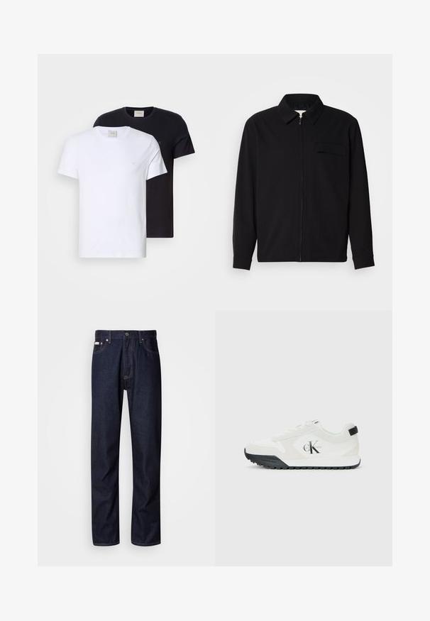 Fekete, hosszú ujjú póló, gallérral, elülső cipzárral és mellzsebbel. Texturált anyagból készült, laza szabású.; Két kerek nyakú póló, az egyik fehér, a másik fekete, puha pamutból készült. Mindkettő egyszerű mintájú, és egy apró logó található rajtuk a mellkasnál.; Sötétkék farmernadrág egyenes szárú kialakítással, gombos cipzárral, öt zsebbel és kontrasztos varrási részletekkel.; Calvin Klein fehér sneaker fekete talppal, velúr és hálós panelek, CK logó az oldalon, valamint Calvin Klein felirat a sarkon és a talpon.