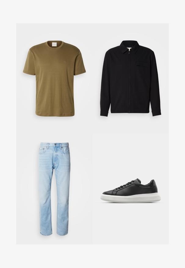 Schwarzes Langarmshirt mit Kragen, Frontreißverschluss und Brusttasche. Aus strukturiertem Stoff mit entspannter Passform.; Olivgrünes Baumwoll-T-Shirt mit Rundhalsausschnitt, kurzen Ärmeln und einem kleinen gestickten Logo auf der Brust. Glatte Textur und lässige Passform.; Hellblaue Jeans aus Denim mit geradem Schnitt, die verblasste Abschnitte, ein Fünf-Taschen-Design und einen klassischen Knopfverschluss aufweisen.; Schwarze Ledersneaker mit glatter Oberfläche, weißer Gummisohle, rundem Design, sechs Ösen für die Schnürsenkel und dezentem Branding an der Ferse.