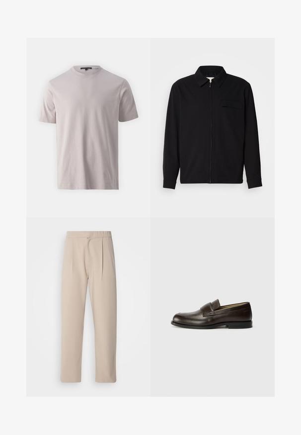 Črna dolgoročna majica z ovratnikom, sprednjim zadrgo in žepom na prsih. Narejena iz teksturirane tkanine z sproščenim krojem.; DRYKORN RAPHAEL - Navadna majica - purple; Bežne, plisirane hlače iz mehkega materiala. Imajo elastičen pas, ravne noge in gladko teksturo. Brez žepov ali dodatkov.; Calvin Klein Čevlji brez vezalk - cocoa brown