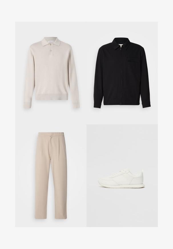 Černá dlouhá rukávová košile s límečkem, předním zipovým uzávěrem a kapsou na hrudi. Vyrobená z texturované tkaniny s uvolněným střihem.; Světle béžová polokošile s dlouhým rukávem vyrobená z měkkého materiálu. Má límec, tříknoflíkovou légu a žebrované manžety a lem.; Beige pletené kalhoty vyrobené z měkké látky. Mají elastický pas, rovné nohavice a hladkou texturu. Bez kapes nebo zdobení.; Bílé tenisky s vrchní částí z síťoviny a syntetického materiálu, kulatou špičkou, plochými tkaničkami a texturovaným bočním pruhem. Gumová podrážka s poutkem vzadu.