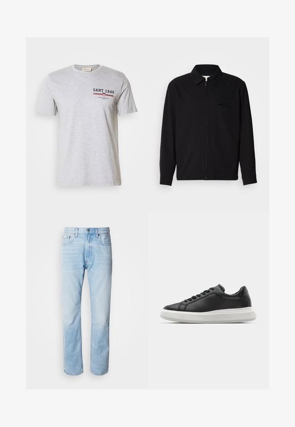 Čierna košeľa s dlhým rukávom, so golierom, predným zipsom a vreckom na hrudi. Vyrobená z textúrovanej tkaniny s voľným strihom.; Sivá bavlnená tričko s krátkymi rukávmi, okrúhlym výstrihom a potlačou v námorníckej modrej a červenej farbe. Obsahuje logo a vodorovné pruhy.; Svetlomodré džínsy s rovnými nohavicami, s vybledlými časťami, dizajnom s piatimi vreckami a klasickým zapínaním na gombíky.; Čierne kožené tenisky s hladkým povrchom, biela gumová podrážka, zaoblený tvar, šesť dierok na šnúrky a decentné logo na päte.