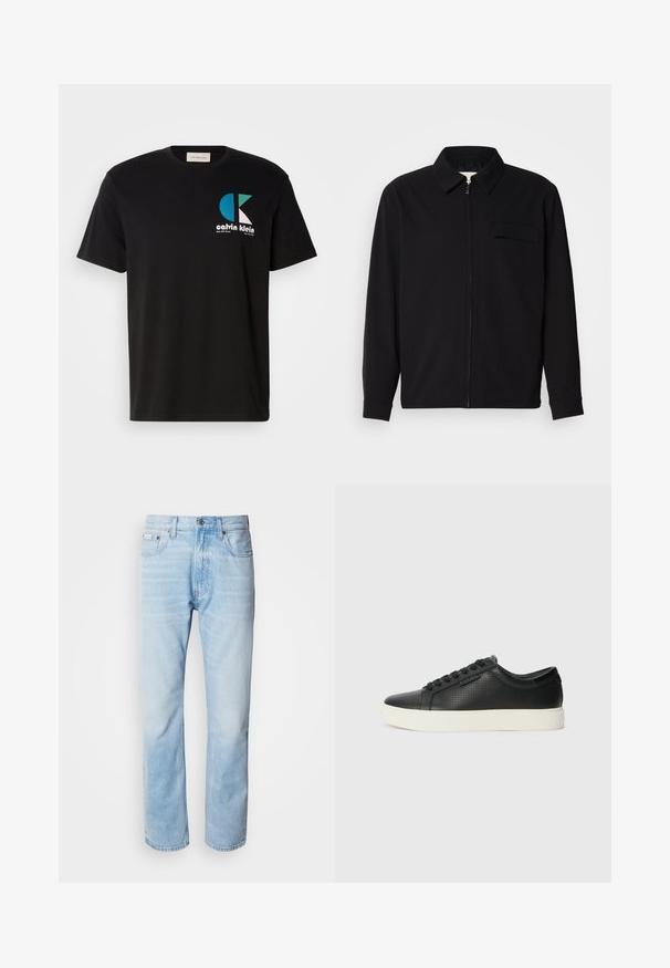 Must valgade varrukatega must särk, millel on krae, ees tõmbluku sulgemine ja rinna tasku. Valmistatud tekstuurilisest kangast ning mugav lõige.; Must musta T-särk, millel on graafiline disain, kus on valgete, teal- ja roosade toonide „Calvin Klein” logo. Ümmargune kaelus ja lühikesed varrukad.; Heledad sinine denimhääl, sirge sääre lõikega, millel on pleekinud osad, viie tasku disain ja klassikaline nööbivärk.; Must have perforatsiooniga mustad nahast tossud, ümar varvas ja lame valge kummist tald. Omab musti paelu ja diskreetset logo küljel.