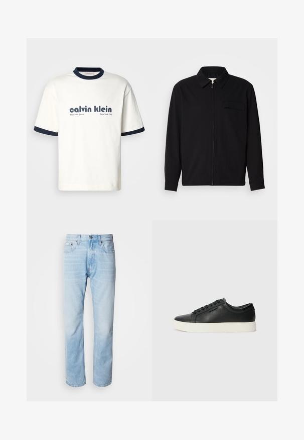 Melna garām piedurknēm krekls ar apkakles izgriezumu, priekšējo rāvējslēdzēju un krūšu kabatu. Izgatavots no teksturēta auduma ar brīvu piegriezumu.; Balts kokvilnas T-krekls ar tumši zilu ribota kakla un piedurkņu apdari. Uzdrukāts drosmīgs melns teksts: "Calvin Klein West 39th Street New York City."; Gaiši zili denima džinsi ar taisnu kāju griezumu, ar izbalējušām sekcijām, piecu kabatu dizainu un klasisko pogu aizdari.; Melnas ādas sporta kurpes ar perforētu tekstūru, apaļu purngalu un plakanu baltu gumijas zoli. Ar melniem šņorējumiem un smalku logo sānos.