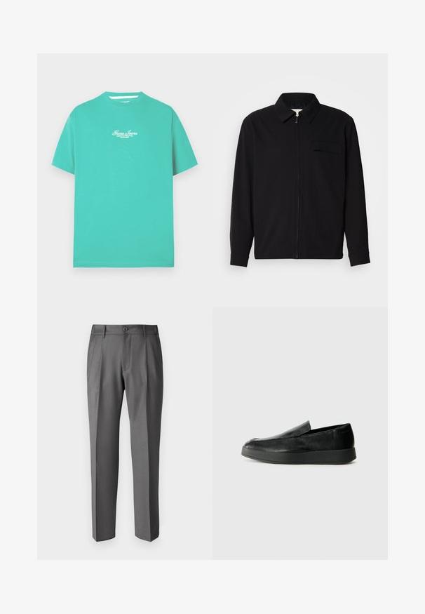 Black long-sleeve shirt featuring a collared neckline, front zip closure, and a chest pocket. Made of textured fabric with a relaxed fit.; Teal cotton t-shirt with a crew neck and short sleeves. Features a white embroidered logo on the chest. Smooth, lightweight texture.; DRYKORN LEEK - Trousers - grey; Calvin Klein HYBRID CUP - Slip-ons - triple black