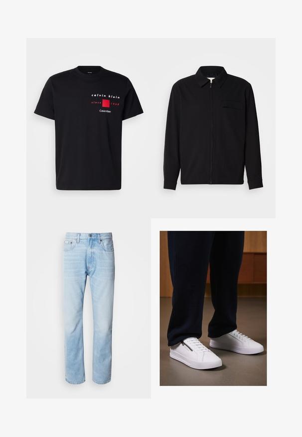 Črna dolgoročna majica z ovratnikom, sprednjim zadrgo in žepom na prsih. Narejena iz teksturirane tkanine z sproščenim krojem.; Črna bombažna majica s potiskanimi grafičnimi motivi v beli in rdeči barvi, ki vsebuje besedilo "Calvin Klein" in "since 1968" nad rdečim kvadratom.; Svijetloplave traperice s ravnim nogavicama, s izblijedjelim dijelovima, pet džepova i klasičnim dugmadi za kopčanje.; Beli superge z gladkim usnjenim zaključkom, ravnim podplatom in vezalnim dizajnom. Dodatna zadrga na strani povečuje funkcionalnost. Uklopljene s temnimi joggeri.