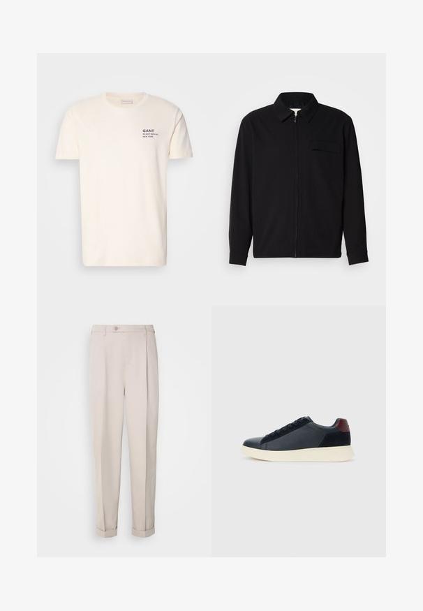 Czarna koszula z długim rękawem z kołnierzykiem, z zapięciem na suwak z przodu oraz kieszonką na piersi. Wykonana z teksturowanej tkaniny o luźnym kroju.; Kremowa bawełniana koszulka z okrągłym dekoltem, krótkimi rękawami i małym granatowym nadrukiem na piersi z napisem "GANT 32 EAST 39TH ST. NEW YORK."; Beżowe spodnie z gładkiego materiału, o prostym kroju, z jednym zakładką i podwiniętymi mankietami. Zawierają zapięcie na guzik z przodu.; Niskie męskie sneakersy z czarnej skóry i zamszu, z bordową pętlą na pięcie i białą gumową podeszwą, widziane z zewnętrznej strony.