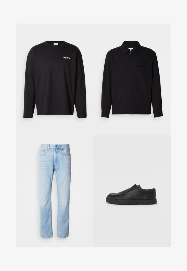 Musta pitkähihaine paita, jossa on kauluksellinen kaulus, edessä vetoketju ja rintatasku. Valmistettu teksturoidusta kankaasta, jossa on rento istuvuus.; Mustat pitkähihaiset t-paidat, jotka on valmistettu puuvillasta ja joissa on pyöreä pääntie. Vasemmassa rinnassa valkoinen logo ja rento istuvuus. Silkkinen pinta.; Vaaleansiniset farkut suoranlahkeisella leikkauksella, joissa on haalistuneita kohtia, viisi taskua ja klassinen nappisuljenta.; Musta nahkainen slip-on-kengät pyöristetyllä varvalla, tikattu yksityiskohta ja musta kumipohja. Sileä pinta ja minimalistinen muotoilu.