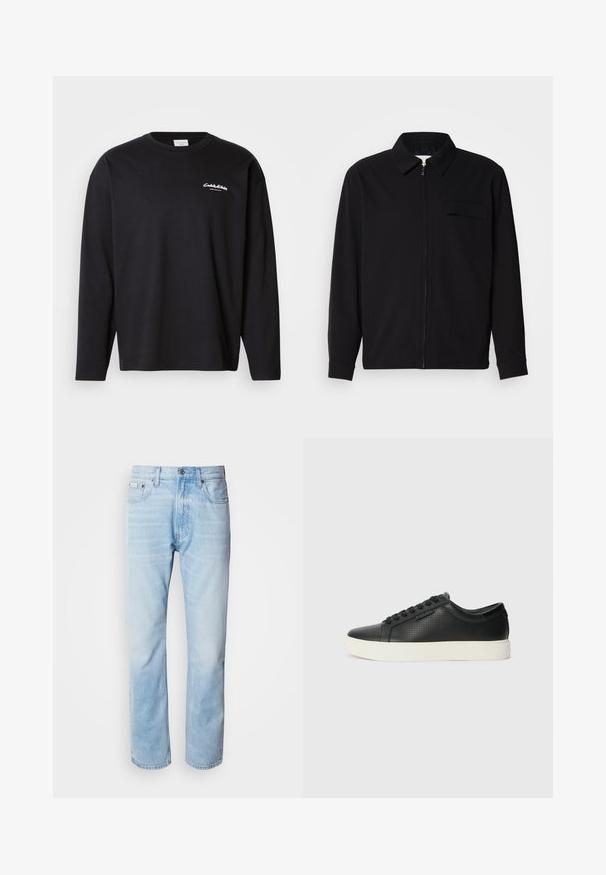 Must valgade varrukatega must särk, millel on krae, ees tõmbluku sulgemine ja rinna tasku. Valmistatud tekstuurilisest kangast ning mugav lõige.; Must have pikkade varrukatega must t-särk, mis on valmistatud puuvillast ja millel on ümber lõigatud krae. Vasakul rinnaosal on valge logo ja särk on lõdva istuvusega. Sile tekstuur.; Heledad sinine denimhääl, sirge sääre lõikega, millel on pleekinud osad, viie tasku disain ja klassikaline nööbivärk.; Must have perforatsiooniga mustad nahast tossud, ümar varvas ja lame valge kummist tald. Omab musti paelu ja diskreetset logo küljel.