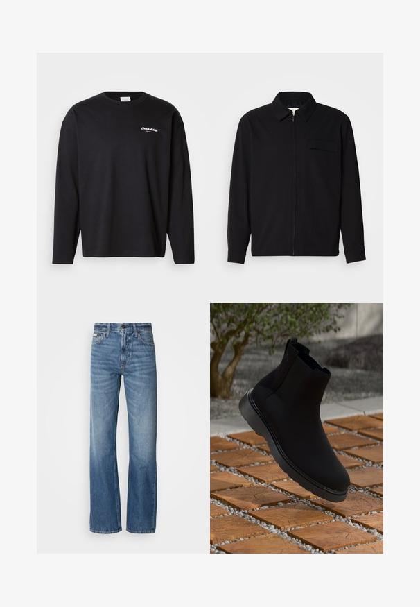Černá dlouhá rukávová košile s límečkem, předním zipovým uzávěrem a kapsou na hrudi. Vyrobená z texturované tkaniny s uvolněným střihem.; Černé tričko s dlouhými rukávy vyrobené z bavlny s kulatým výstřihem. Na levé hrudi se nachází bílé logo a je navrženo pro volný střih. Hladká textura.; Modré džíny z denimu s rovnou nohavicí, vysokým pasem a jemným vyblednutím. Obsahují zapínání na knoflík a zip, a klasický pětikapsový design.; Černé kotníkové boty vyrobené z hladkého materiálu s jemným prošíváním, gumovou podrážkou a elegantním designem, umístěné na povrchu s dřevěnou texturou.