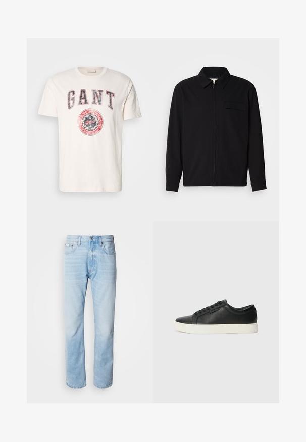 Sort langærmet skjorte med krave, frontlynlås og brystlomme. Lavet af struktureret stof med en afslappet pasform.; Cremefarvet bomulds T-shirt med korte ærmer. Har fed rød og blå "GANT" tekst samt et cirkulært logo med teksten "grundlagt i 1949."; Lyseblå denimjeans med lige ben, har slidte sektioner, fem lomme-design og en klassisk knapåbning.; Sorte lædersneakers med perforeret tekstur, rund tå og flad hvid gummisål. Har sorte snørebånd og et subtilt logo på siden.
