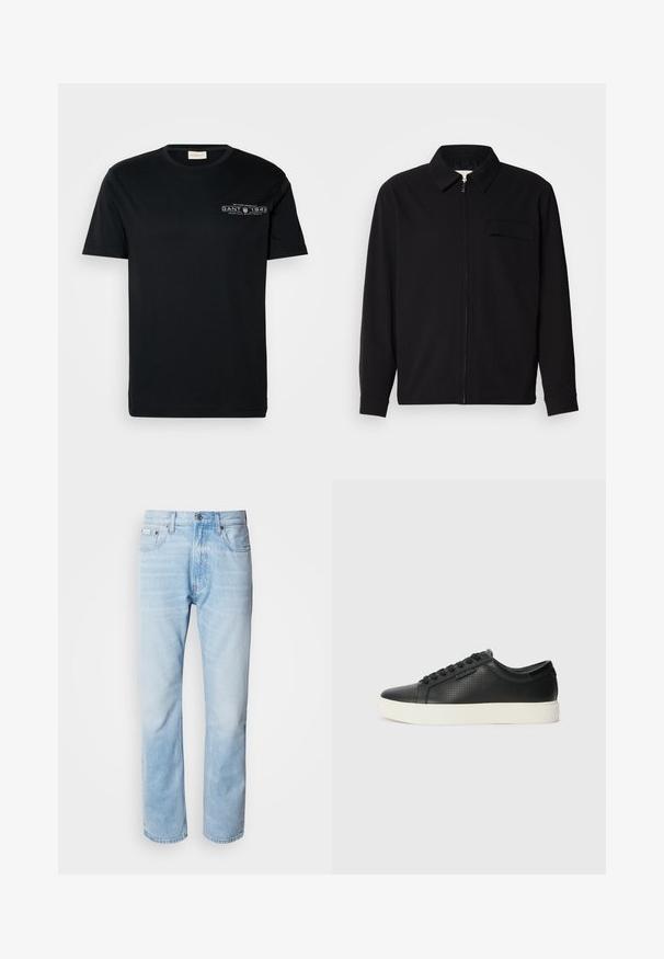 Must valgade varrukatega must särk, millel on krae, ees tõmbluku sulgemine ja rinna tasku. Valmistatud tekstuurilisest kangast ning mugav lõige.; Must musta T-särk lühikeste varrukatega, ümmargune kaelus ja väike valge graafiline tekst vasakul rinnapiiril. Lihtne, tavalise lõikega disain.; Heledad sinine denimhääl, sirge sääre lõikega, millel on pleekinud osad, viie tasku disain ja klassikaline nööbivärk.; Must have perforatsiooniga mustad nahast tossud, ümar varvas ja lame valge kummist tald. Omab musti paelu ja diskreetset logo küljel.