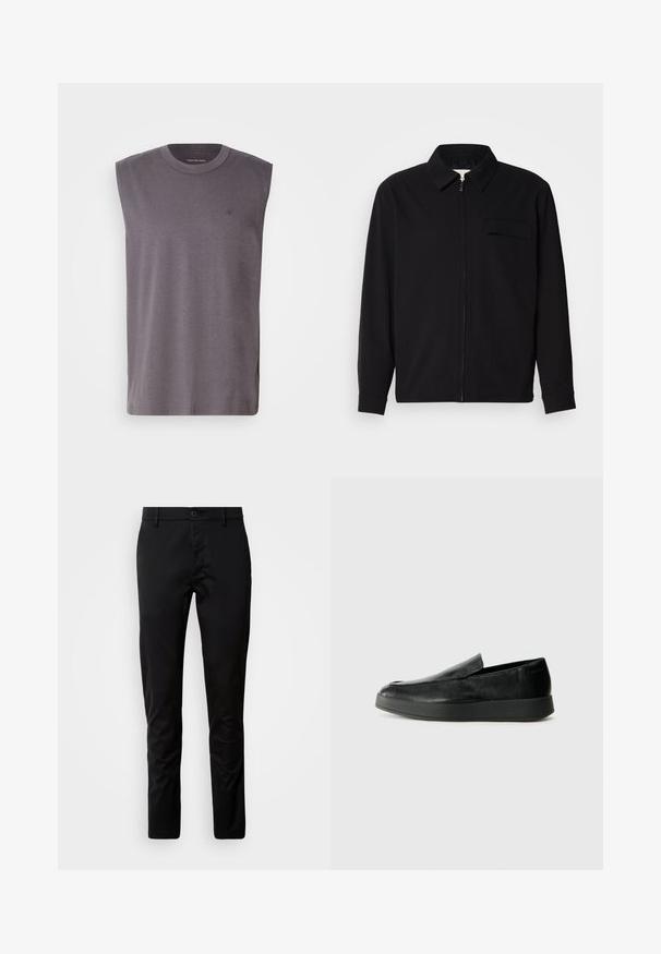 Svart langermet skjorte med krage, frontlås og brystlomme. Laget av teksturert stoff med en avslappet passform.; Sømløs grå tanktop laget av myk bomullsblanding, med rund hals og subtilt logo på brystet. Glatt tekstur, avslappet passform.; Sorte bukser med slim fit, laget av glatt stoff. Har en livlinning med knappelukking og rettskårne ben.; Calvin Klein HYBRID CUP - Slippers - triple black