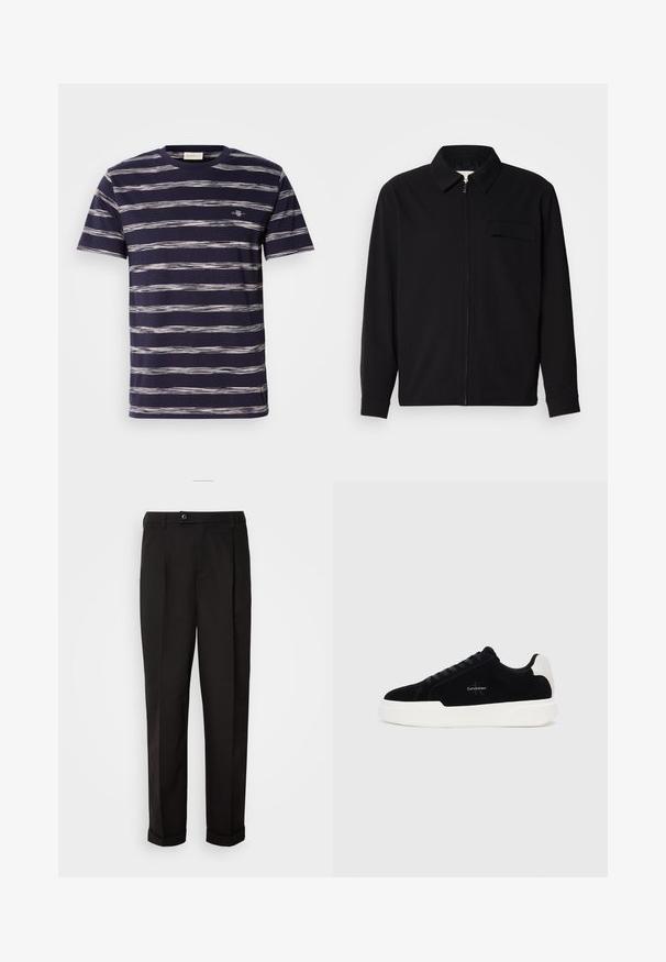Must valgade varrukatega must särk, millel on krae, ees tõmbluku sulgemine ja rinna tasku. Valmistatud tekstuurilisest kangast ning mugav lõige.; Tumesinise lühikeste varrukatega T-särk horisontaalsete valgete ja heledad hallide triipudega; rinnal on väike logo. Pehme puuvillane kangas.; Mustad püksid siledast kangast, sirge lõikega, kahe esipocketiga ja ühe nööbiga vöökoha kinnitamiseks.; Mustad mustad tossussneaker valge tallaga ja kontsaabiga, nööbid ees, ja Calvin Kleini logo küljel.