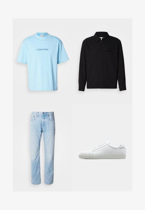 Zwarte lange mouwen shirt met een kraaghals, voorste rits sluiting en een borstzak. Gemaakt van een gestructureerde stof met een relaxte pasvorm.; Lichtblauwe katoenen T-shirt met een ronde hals en korte mouwen, voorzien van een centrale bedrukte logo "Calvin Klein" in donkerder blauw.; Lichtblauwe denim jeans met een rechte pijp, met vervaagde delen, vijf-pocket ontwerp en een klassieke knoopsluiting.; Witte sneaker met een gladlederen bovenwerk en een laag profiel. Voorzien van een ronde neus, zes vetergaatjes en een gestructureerde rubberen zool.