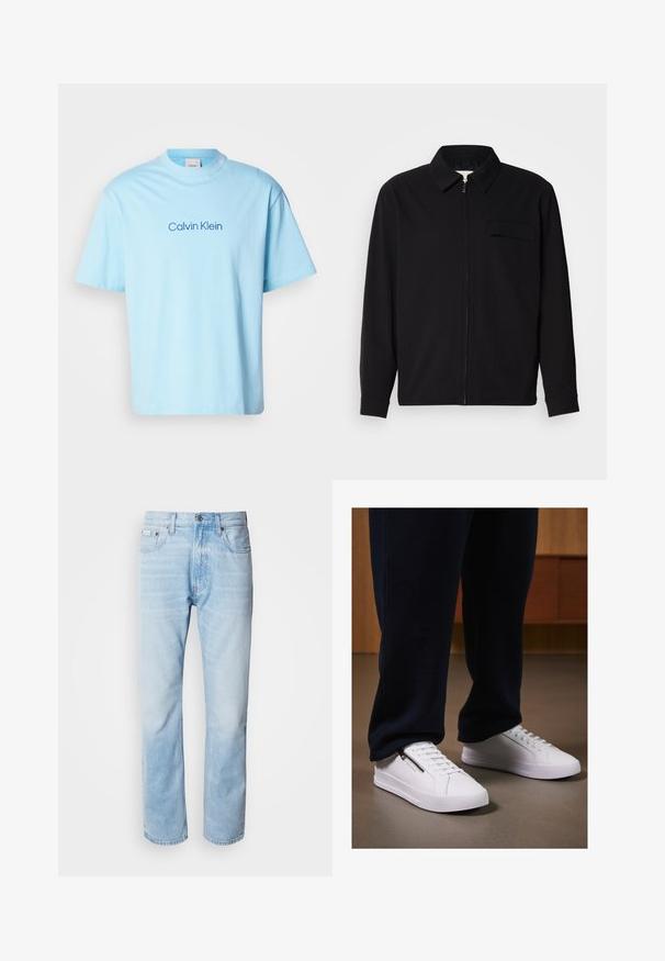 Juodas ilgomis rankovėmis marškinis, turintis apykaklės iškirptę, priekinį užtrauktuką ir krūtinės kišenę. Pagamintas iš tekstūruoto audinio, turinčio laisvą kirpimą.; Šviesiai mėlynas medvilninis marškinėliai su apykakle ir trumpomis rankovėmis, su centriniu spausdintu logotipu "Calvin Klein" tamsesnėje mėlynoje spalvoje.; Šviesiai mėlyni džinsai su tiesiomis kojomis, puošti išblukusių vietų, penkių kišenių dizainu ir klasikiniu mygtukų užsegimu.; Baltos sportbačiai su lygiu odiniu paviršiumi, plokščiu padu ir raištelių dizainu. Šoninė užtrauktuko detalė prideda funkcionalumo. Suderinti su tamsiais džinsais.