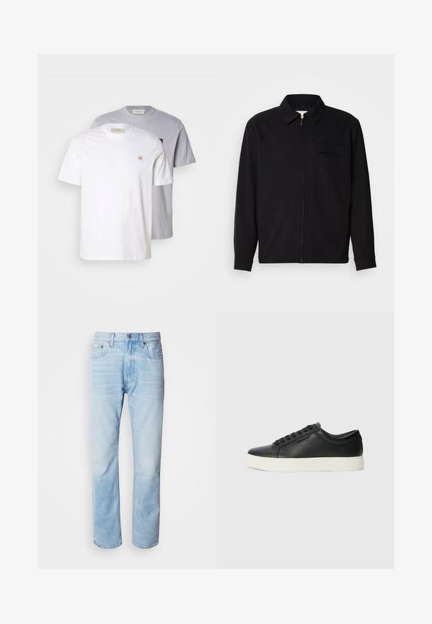 Juodas ilgomis rankovėmis marškinis, turintis apykaklės iškirptę, priekinį užtrauktuką ir krūtinės kišenę. Pagamintas iš tekstūruoto audinio, turinčio laisvą kirpimą.; Du apskirtu rankoviu marškiniai: vieni balti, o kiti šviesiai pilki. Abu turi apvalų kaklą, pagaminti iš medvilnės ir turi mažą logotipą priekyje.; Šviesiai mėlyni džinsai su tiesiomis kojomis, puošti išblukusių vietų, penkių kišenių dizainu ir klasikiniu mygtukų užsegimu.; Juodi odiniai sportbačiai su perforuotu paviršiumi, apvaliu pirštu ir plokščiu baltu guminiu padu. Yra juodos raišteliai ir subtili logotipo detalė šone.