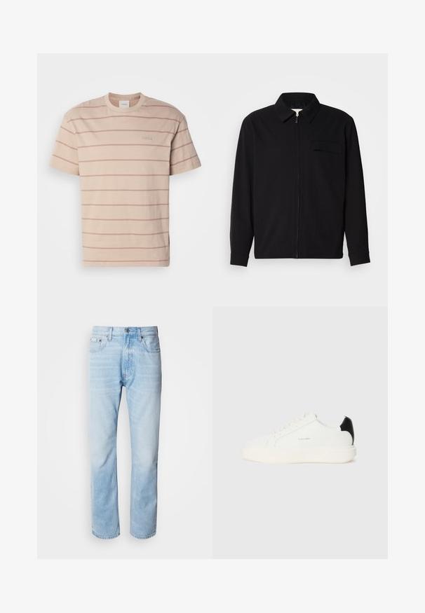 Musta pitkähihaine paita, jossa on kauluksellinen kaulus, edessä vetoketju ja rintatasku. Valmistettu teksturoidusta kankaasta, jossa on rento istuvuus.; Vaaleanbeige lyhythihainen crew-neck t-paita, jossa on vaaleanpunaisia vaakaraitoja ja pieni etiketti edessä. Valmistettu pehmeästä puuvillakankaasta.; Vaaleansiniset farkut suoranlahkeisella leikkauksella, joissa on haalistuneita kohtia, viisi taskua ja klassinen nappisuljenta.; Valkoiset nahkakengät mustalla yksityiskohdalla kantapäässä, pyöreällä kärjellä, tasaisilla nauhoilla ja paksulla valkoisella pohjalla. Calvin Klein -logo esillä.