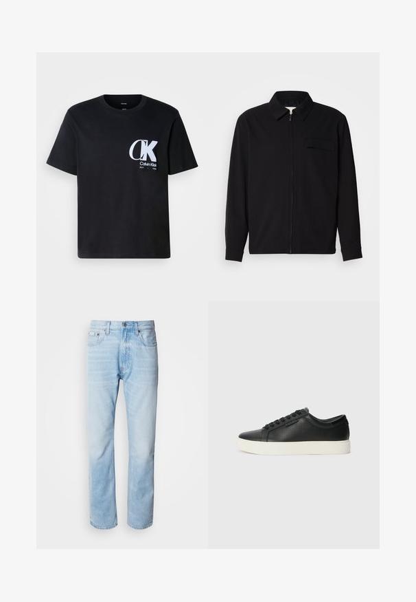 Camisa negra de manga larga que presenta un cuello con solapa, cierre frontal con cremallera y un bolsillo en el pecho. Fabricada con una tela texturizada y un corte holgado.; Camiseta de algodón negra con mangas cortas, cuello redondo, que presenta un logo blanco "CK" en el lado izquierdo del pecho. Textura suave, dobladillo recto.; Vaqueros de mezclilla azul claro con corte recto, con secciones desgastadas, diseño de cinco bolsillos y cierre de botones clásico.; Zapatillas de cuero negro con textura perforada, puntera redonda y suela plana de goma blanca. Presenta cordones negros y un logo sutil en el costado.