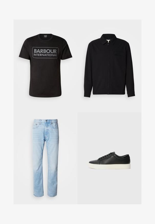 Černá dlouhá rukávová košile s límečkem, předním zipovým uzávěrem a kapsou na hrudi. Vyrobená z texturované tkaniny s uvolněným střihem.; Černé bavlněné tričko s velkým šedým logem "BARBOUR INTERNATIONAL" na přední straně. Klasický kulatý výstřih a krátké rukávy.; Světle modré džíny s rovnou nohavicí, s vybledlými částmi, pěti kapsami a klasickým zapínáním na knoflík.; Černé kožené tenisky s perforovanou texturou, kulatou špičkou a plochou bílou gumovou podrážkou. Mají černé tkaničky a jemné logo na boční straně.