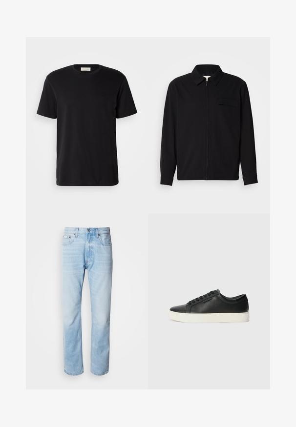 Černá dlouhá rukávová košile s límečkem, předním zipovým uzávěrem a kapsou na hrudi. Vyrobená z texturované tkaniny s uvolněným střihem.; Černé bavlněné tričko s krátkým rukávem, vybavené kulatým výstřihem a decentně vyšitým logem na hrudi. Hladká textura a klasický střih.; Světle modré džíny s rovnou nohavicí, s vybledlými částmi, pěti kapsami a klasickým zapínáním na knoflík.; Černé kožené tenisky s perforovanou texturou, kulatou špičkou a plochou bílou gumovou podrážkou. Mají černé tkaničky a jemné logo na boční straně.