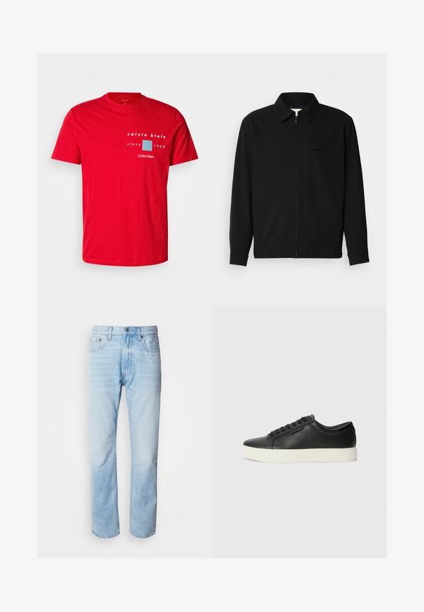 Svart langermet skjorte med krage, frontlås og brystlomme. Laget av teksturert stoff med en avslappet passform.; Rød bomull t-skjorte med rund hals, korte ermer og et trykt logo-design i hvitt og blått, med teksten "siden 1968".; Lyseblå denimjeans med strak benkutt, med falmede seksjoner, femlommerdesign og en klassisk knappestol.; Sorte lær sneakers med perforert tekstur, rund tå og flat hvit gummisåle. Har sorte snørebånd og en subtil logo på siden.