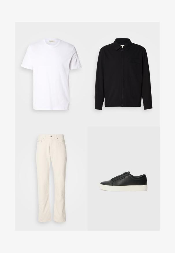 Melna garām piedurknēm krekls ar apkakles izgriezumu, priekšējo rāvējslēdzēju un krūšu kabatu. Izgatavots no teksturēta auduma ar brīvu piegriezumu.; Balta īsām piedurknēm T-kreklā, izgatavots no mīkstas kokvilnas. Tam ir apaļa kakla izgriezums un mazs, diskrēts logo uz krūšu.; Bēšas kokvilnas džinsu bikses ar klasisku taisno kāju dizainu, kas iekļauj priekšējo pogu aizdari, piecus kabatas un smalkas šuvju detaļas.; Melnas ādas sporta kurpes ar perforētu tekstūru, apaļu purngalu un plakanu baltu gumijas zoli. Ar melniem šņorējumiem un smalku logo sānos.