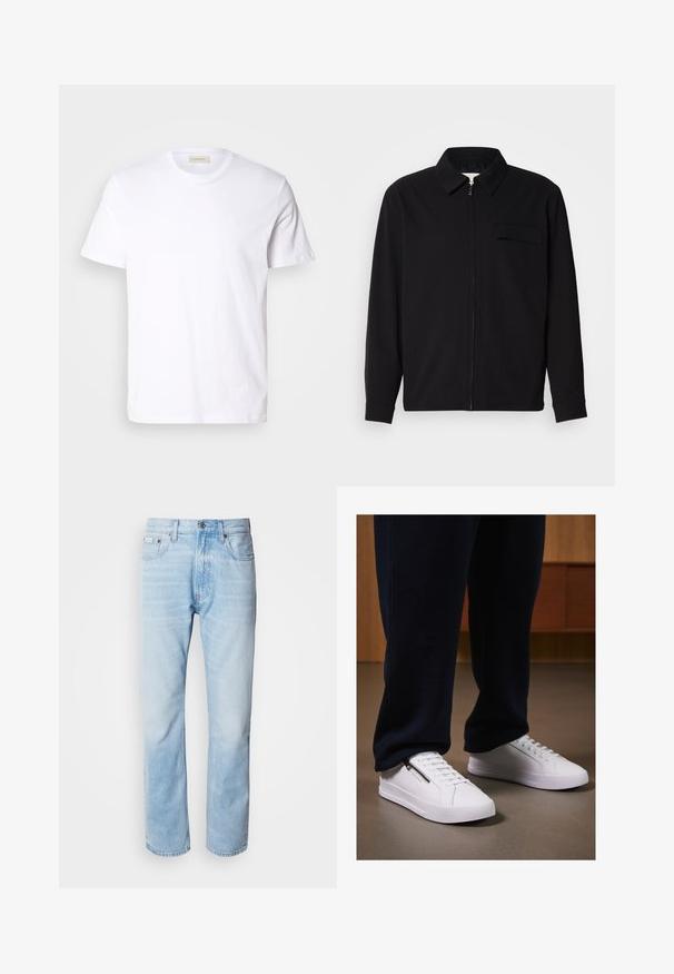 Črna dolgoročna majica z ovratnikom, sprednjim zadrgo in žepom na prsih. Narejena iz teksturirane tkanine z sproščenim krojem.; Bela kratka majica s kratkimi rokavi, narejena iz mehkega bombaža. Ima okroglo izrezano ovratnik in majhen, neopazni logo na prsih.; Svijetloplave traperice s ravnim nogavicama, s izblijedjelim dijelovima, pet džepova i klasičnim dugmadi za kopčanje.; Beli superge z gladkim usnjenim zaključkom, ravnim podplatom in vezalnim dizajnom. Dodatna zadrga na strani povečuje funkcionalnost. Uklopljene s temnimi joggeri.