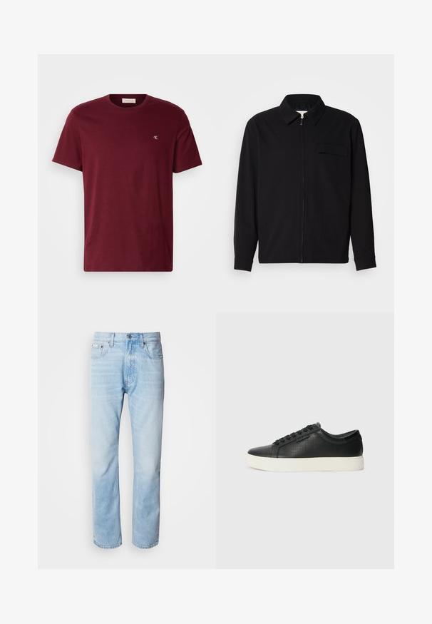Melna garām piedurknēm krekls ar apkakles izgriezumu, priekšējo rāvējslēdzēju un krūšu kabatu. Izgatavots no teksturēta auduma ar brīvu piegriezumu.; Burgundijas krāsas T-krekls ar apaļu kakla izgriezumu, izgatavots no kokvilnas, ar īsām piedurknēm un nelielu baltu logotipu kreisajā krūtī. Gluda tekstūra.; Gaiši zili denima džinsi ar taisnu kāju griezumu, ar izbalējušām sekcijām, piecu kabatu dizainu un klasisko pogu aizdari.; Melnas ādas sporta kurpes ar perforētu tekstūru, apaļu purngalu un plakanu baltu gumijas zoli. Ar melniem šņorējumiem un smalku logo sānos.