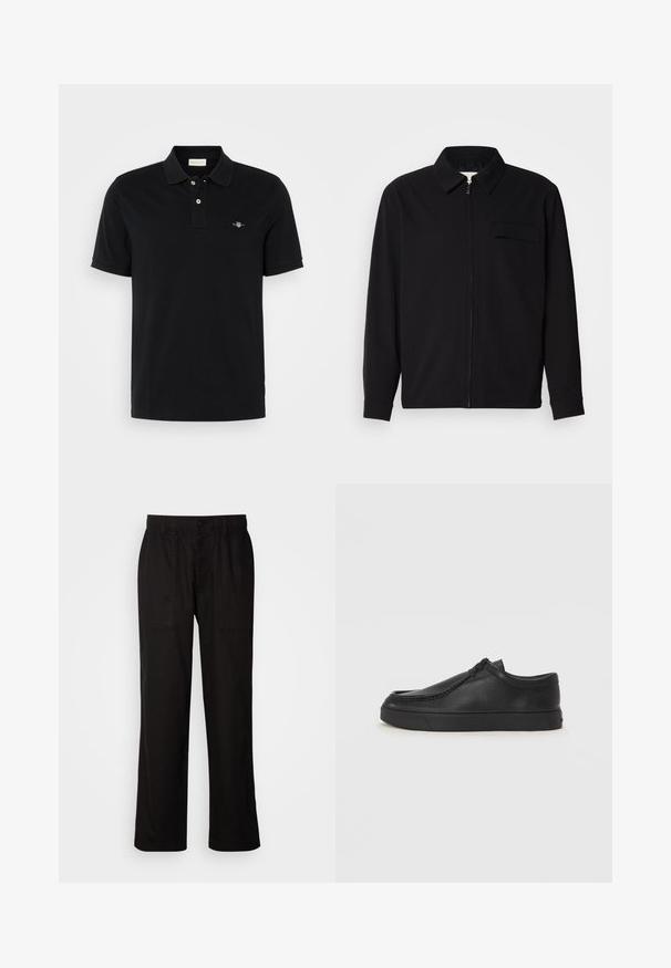 Camisa negra de manga larga que presenta un cuello con solapa, cierre frontal con cremallera y un bolsillo en el pecho. Fabricada con una tela texturizada y un corte holgado.; Camisa polo negra de algodón, con cuello clásico, tapeta de dos botones, mangas cortas y un pequeño logo bordado en el pecho.; Pantalones negros con un ajuste relajado, hechos de una tela ligera. Presentan una cintura elástica, cierre de botón y dos bolsillos frontales.; Zapato de piel negro tipo slip-on con punta redonda, detalles de costura y suela de goma negra. Textura suave con un diseño minimalista.