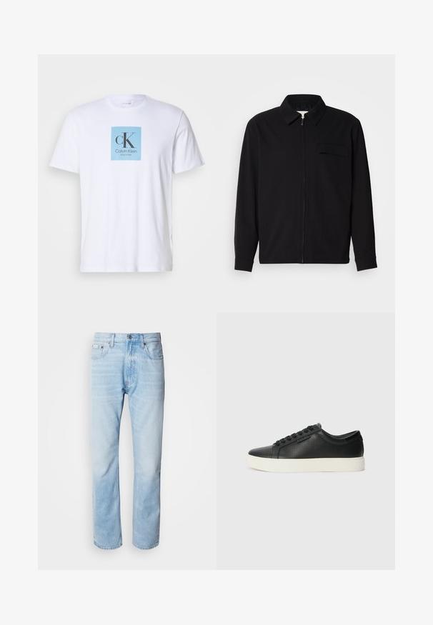 Black long-sleeve shirt featuring a collared neckline, front zip closure, and a chest pocket. Made of textured fabric with a relaxed fit.; White short-sleeve T-shirt with a light blue square on the chest featuring "cK Calvin Klein New York" text logo.; Light blue denim jeans with a straight leg cut, featuring faded sections, five-pocket design, and a classic button fly.; Black leather sneakers with perforated texture, round toe, and flat white rubber sole. Features black laces and a subtle logo on the side.