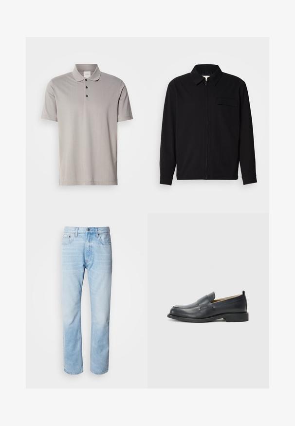 Zwarte lange mouwen shirt met een kraaghals, voorste rits sluiting en een borstzak. Gemaakt van een gestructureerde stof met een relaxte pasvorm.; Grijze polo met korte mouwen gemaakt van een gladde stof, met een klassieke kraag en drie zwarte knopen. Subtiele verticale ribbelstructuur door het geheel.; Lichtblauwe denim jeans met een rechte pijp, met vervaagde delen, vijf-pocket ontwerp en een klassieke knoopsluiting.; Zwarte leren loafers met een gladde afwerking, een platte zool en een ronde neus met een decoratieve band over de bovenkant.
