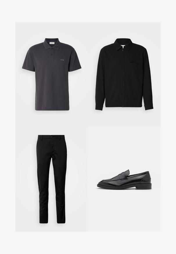 Camisa negra de manga larga que presenta un cuello con solapa, cierre frontal con cremallera y un bolsillo en el pecho. Fabricada con una tela texturizada y un corte holgado.; Polo de color gris oscuro hecho de tela suave, con cuello tipo polo, tapeta de dos botones y un pequeño logotipo bordado en el pecho.; Pantalones negros de corte ajustado, fabricados con una tela suave. Presentan una cintura con cierre de botón y piernas rectas.; Mocasines de cuero negro con un acabado suave, que presentan una punta redondeada y una banda estrecha en la parte superior. Tacón bajo apilado.