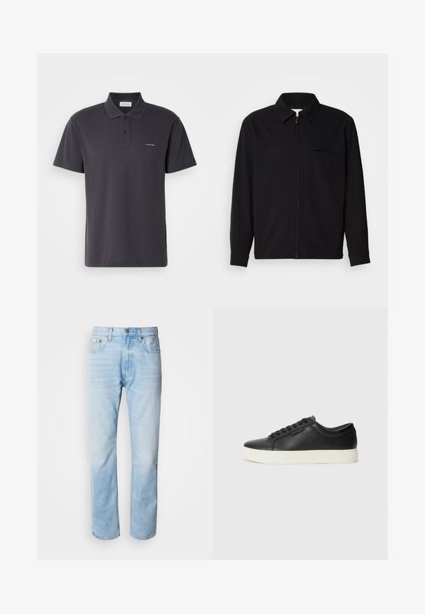 Fekete, hosszú ujjú póló, gallérral, elülső cipzárral és mellzsebbel. Texturált anyagból készült, laza szabású.; Sötétszürke pólóing sima anyagból, galléros nyakkal, két gombos kivágással és apró hímzett logóval a mellkason.; Világoskék farmernadrág egyenes fazonnal, kopott részletekkel, öt zsebes kialakítással és klasszikus gombos zipzárral.; Fekete bőr sportcipők perforált textúrával, kerek orral és lapos fehér gumi talppal. Fekete fűzőkkel és diszkrét logóval az oldalon.
