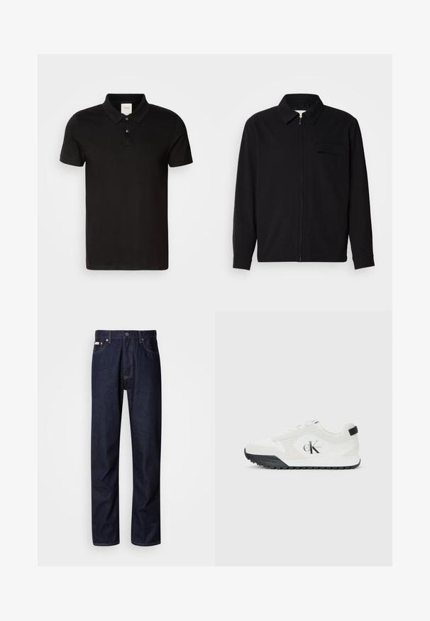 Čierna košeľa s dlhým rukávom, so golierom, predným zipsom a vreckom na hrudi. Vyrobená z textúrovanej tkaniny s voľným strihom.; Čierna polo košeľa vyrobená z hladkej tkaniny s klasickým golierom. Obsahuje dve gombíky pri krku, krátke rukávy a diskrétne logo na hrudníku.; Tmavomodré jeans z denimu so strihom s rovnými nohavicami, obsahujúce zapínanie na gombíky, päť vreciek a kontrastné stehy.; Biele tenisky Calvin Klein s čiernou podrážkou, semišovými a sieťovinovými panelmi, logo CK na boku a značkovanie Calvin Klein na päte a podrážke.