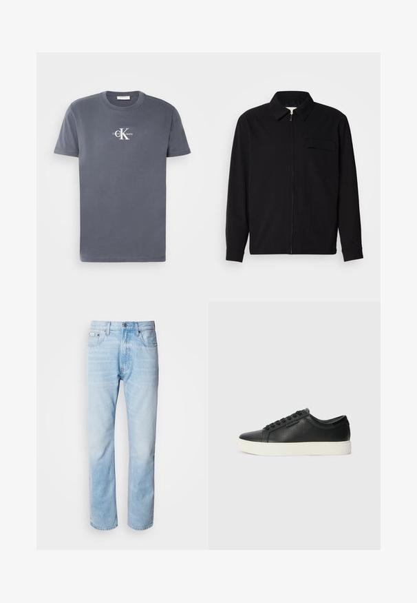 Melna garām piedurknēm krekls ar apkakles izgriezumu, priekšējo rāvējslēdzēju un krūšu kabatu. Izgatavots no teksturēta auduma ar brīvu piegriezumu.; Pelēks kokvilnas T-krekls ar īsām piedurknēm, apaļu kakla izgriezumu un baltu izšūtu Calvin Klein Jeans logotipu centrā uz krūšu daļas.; Gaiši zili denima džinsi ar taisnu kāju griezumu, ar izbalējušām sekcijām, piecu kabatu dizainu un klasisko pogu aizdari.; Melnas ādas sporta kurpes ar perforētu tekstūru, apaļu purngalu un plakanu baltu gumijas zoli. Ar melniem šņorējumiem un smalku logo sānos.
