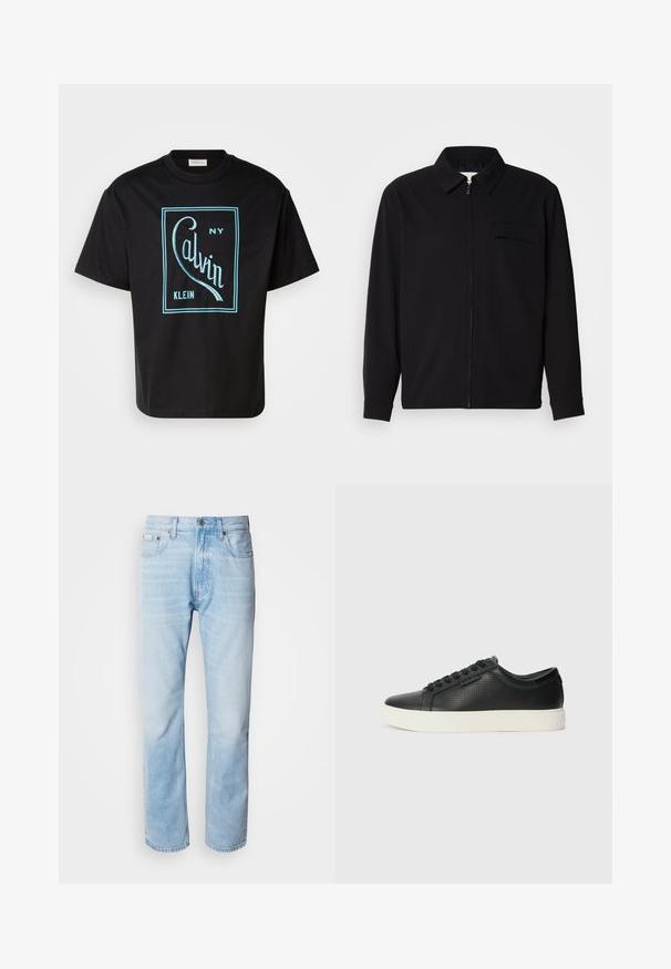 Camisa preta de manga longa com gola, fecho frontal com zíper e bolso no peito. Feita de um tecido texturizado com um corte descontraído.; T-shirt de algodão preto com um ousado design gráfico em turquesa que diz "Calvin Klein NY" dentro de um contorno retangular. Mangas curtas.; Jeans de ganga azul clara com corte reto, apresentando seções desbotadas, design de cinco bolsos e um fecho clássico com botão.; Sneakers de couro preto com textura perfurada, bico redondo e sola de borracha branca plana. Apresenta atacadores pretos e um logótipo discreto na lateral.