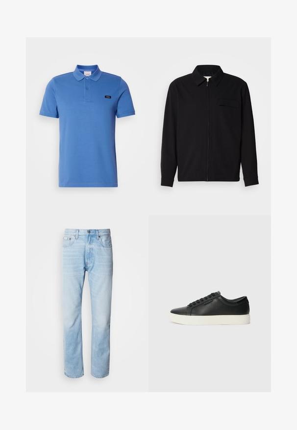 Černá dlouhá rukávová košile s límečkem, předním zipovým uzávěrem a kapsou na hrudi. Vyrobená z texturované tkaniny s uvolněným střihem.; Modrá bavlněná polo košile s límečkem, dvěma knoflíky, krátkými rukávy a černou nášivkou na levé straně. Hladká, texturovaná tkanina.; Světle modré džíny s rovnou nohavicí, s vybledlými částmi, pěti kapsami a klasickým zapínáním na knoflík.; Černé kožené tenisky s perforovanou texturou, kulatou špičkou a plochou bílou gumovou podrážkou. Mají černé tkaničky a jemné logo na boční straně.