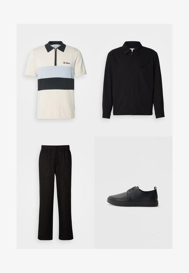 Sort langærmet skjorte med krave, frontlynlås og brystlomme. Lavet af struktureret stof med en afslappet pasform.; Les Deux RAUL - Poloshirts - ivory/black; Sorte bukser med en afslappet pasform, lavet af letvægtsstof. Har elastisk talje, knaplukning og to forlommer.; Sorte lædersneakers med en glat finish, rund tå, tonalt syning, snøring foran og en flad gummisål. Løkke ved hælen.