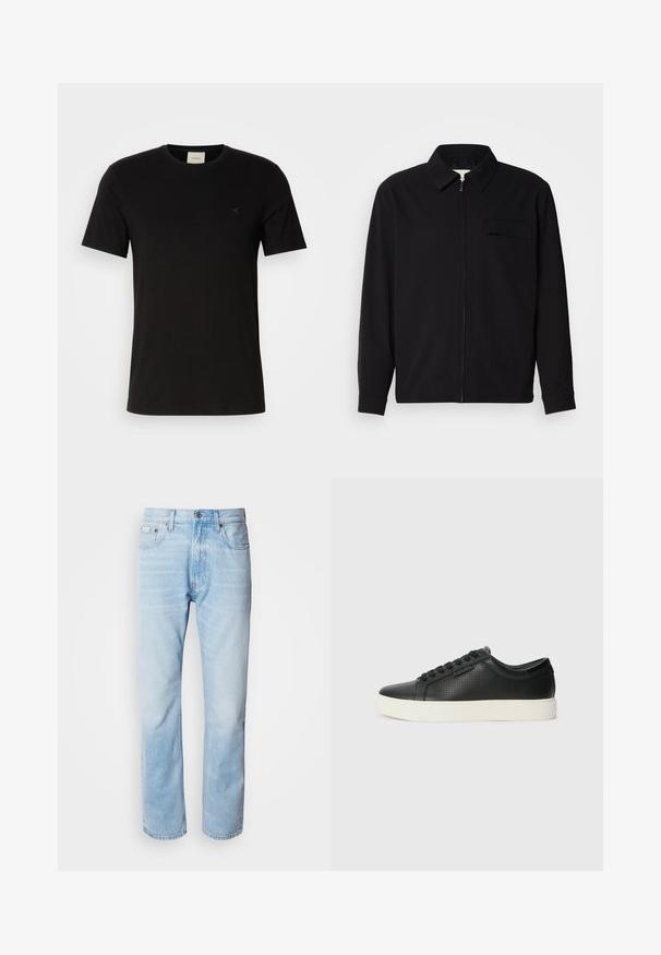Black long-sleeve shirt featuring a collared neckline, front zip closure, and a chest pocket. Made of textured fabric with a relaxed fit.; Black cotton t-shirt with short sleeves, round neckline, and a small Calvin Klein logo on the chest. Smooth texture, classic fit.; Light blue denim jeans with a straight leg cut, featuring faded sections, five-pocket design, and a classic button fly.; Black leather sneakers with perforated texture, round toe, and flat white rubber sole. Features black laces and a subtle logo on the side.