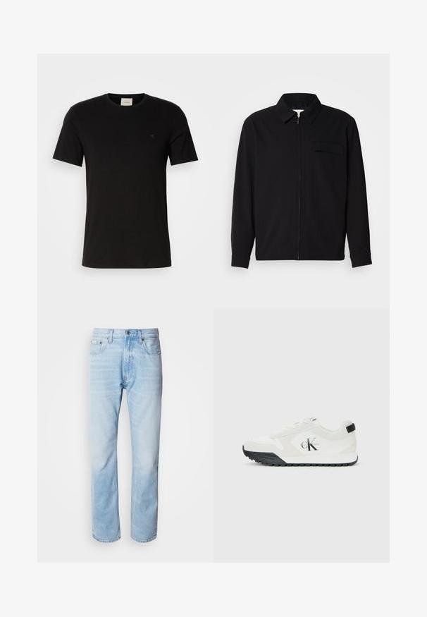 Black long-sleeve shirt featuring a collared neckline, front zip closure, and a chest pocket. Made of textured fabric with a relaxed fit.; Black cotton t-shirt with short sleeves, round neckline, and a small Calvin Klein logo on the chest. Smooth texture, classic fit.; Light blue denim jeans with a straight leg cut, featuring faded sections, five-pocket design, and a classic button fly.; Calvin Klein white sneaker with black sole, suede and mesh panels, CK logo on side, and Calvin Klein branding on heel and sole.