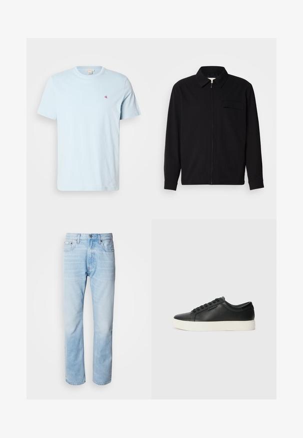 Black long-sleeve shirt featuring a collared neckline, front zip closure, and a chest pocket. Made of textured fabric with a relaxed fit.; Light blue cotton t-shirt with short sleeves, round neckline, and a small red logo on the chest. Smooth texture, casual design.; Light blue denim jeans with a straight leg cut, featuring faded sections, five-pocket design, and a classic button fly.; Black leather sneakers with perforated texture, round toe, and flat white rubber sole. Features black laces and a subtle logo on the side.