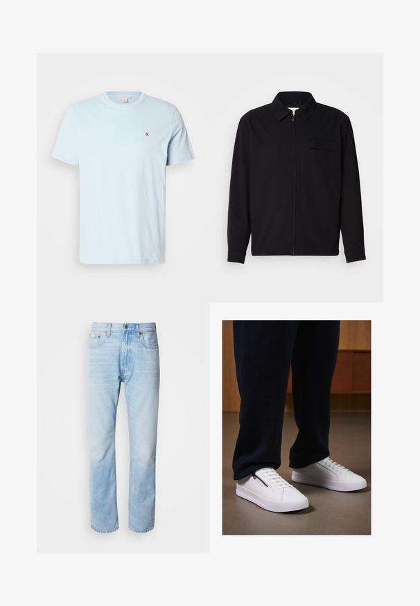 Juodas ilgomis rankovėmis marškinis, turintis apykaklės iškirptę, priekinį užtrauktuką ir krūtinės kišenę. Pagamintas iš tekstūruoto audinio, turinčio laisvą kirpimą.; Šviesiai mėlynas medvilninis marškinėlis su trumpomis rankovėmis, apvaliu kaklu ir mažu raudonu logotipu ant krūtinės. Lygus paviršius, laisvalaikio dizainas.; Šviesiai mėlyni džinsai su tiesiomis kojomis, puošti išblukusių vietų, penkių kišenių dizainu ir klasikiniu mygtukų užsegimu.; Baltos sportbačiai su lygiu odiniu paviršiumi, plokščiu padu ir raištelių dizainu. Šoninė užtrauktuko detalė prideda funkcionalumo. Suderinti su tamsiais džinsais.