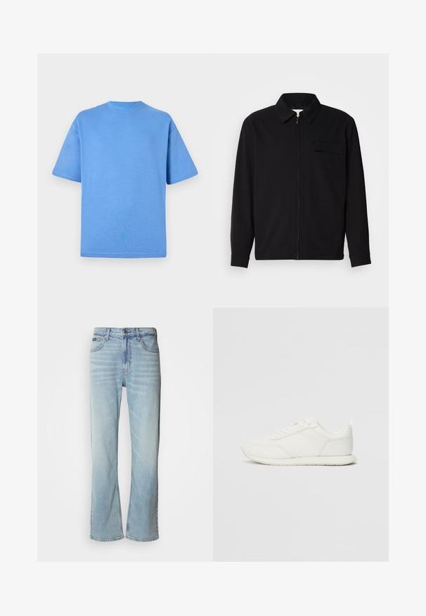 Fekete, hosszú ujjú póló, gallérral, elülső cipzárral és mellzsebbel. Texturált anyagból készült, laza szabású.; Kék pamut póló rövid ujjakkal, kerek nyakkivágással és egyszínű dizájnnal. Puha tapintású és laza fazonú.; Világoskék farmernadrág egyenes szárú szabással, öt zsebbel, gombos záródással és finom kopással az anyagon.; Fehér sneaker hálós és szintetikus felsőrésszel, kerek orral, lapos fűzőkkel és textúrázott oldalsávval. Gumi talp hátul húzófüllel.