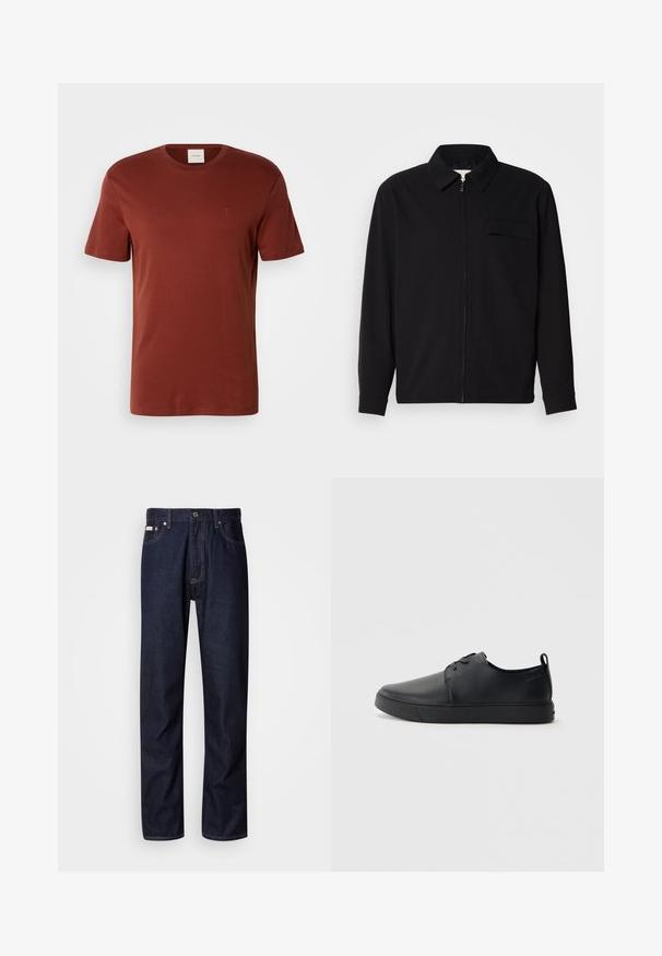 Czarna koszula z długim rękawem z kołnierzykiem, z zapięciem na suwak z przodu oraz kieszonką na piersi. Wykonana z teksturowanej tkaniny o luźnym kroju.; Rdzawoczerwony t-shirt z krótkim rękawem wykonany z miękkiej bawełny, z okrągłym dekoltem i małym logo na piersi. Gładka faktura.; Granatowe dżinsy o prostym kroju nogawek, z guzikiem zamiast zamka, pięcioma kieszeniami oraz kontrastowymi detalami w szyciu.; Czarne skórzane sneakersy o gładkim wykończeniu, zaokrąglonym nosku, tonalnym przeszyciu, sznurowanym przodzie oraz płaskiej gumowej podeszwie. Pętla na pięcie.