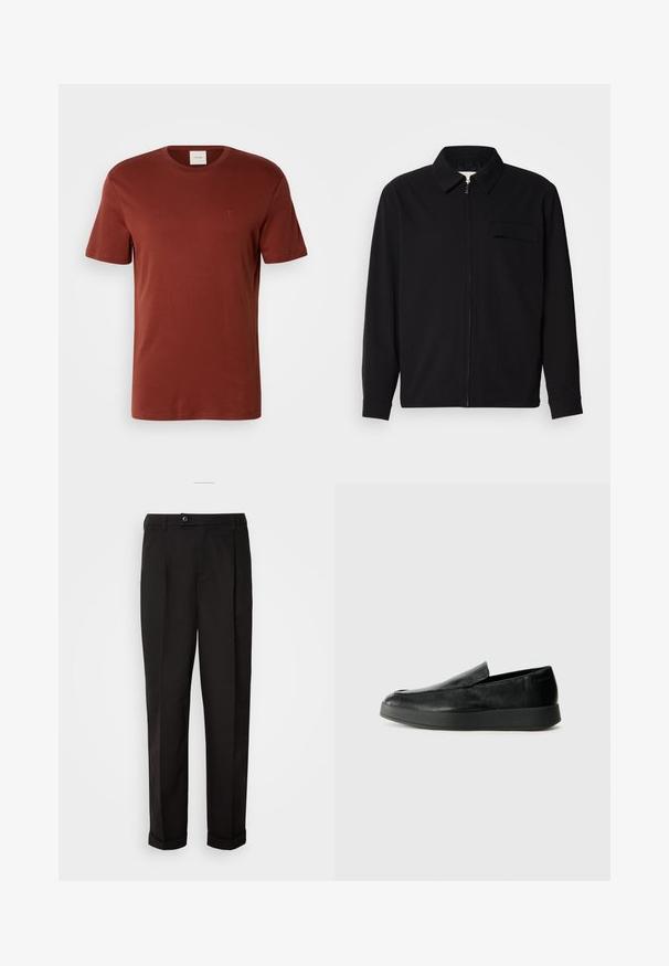 Svart langermet skjorte med krage, frontlås og brystlomme. Laget av teksturert stoff med en avslappet passform.; Rust-farget kortermet t-skjorte laget av myk bomull, med rund hals og en liten logo på brystet. Glatt tekstur.; Sorte bukser med en glat tekstur, der har lige snit, to forlommer og en enkelt knaplukning i taljen.; Calvin Klein HYBRID CUP - Slippers - triple black