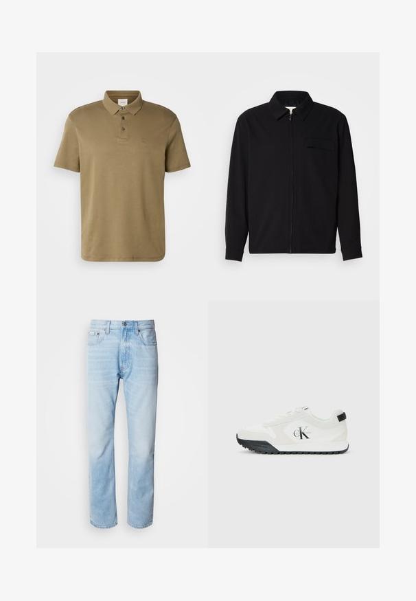 Fekete, hosszú ujjú póló, gallérral, elülső cipzárral és mellzsebbel. Texturált anyagból készült, laza szabású.; Olíva zöld pólóing, puha anyagból készült, klasszikus gallérral, három gombbal és egy kis hímzett logóval a mellkasán.; Világoskék farmernadrág egyenes fazonnal, kopott részletekkel, öt zsebes kialakítással és klasszikus gombos zipzárral.; Calvin Klein fehér sneaker fekete talppal, velúr és hálós panelek, CK logó az oldalon, valamint Calvin Klein felirat a sarkon és a talpon.