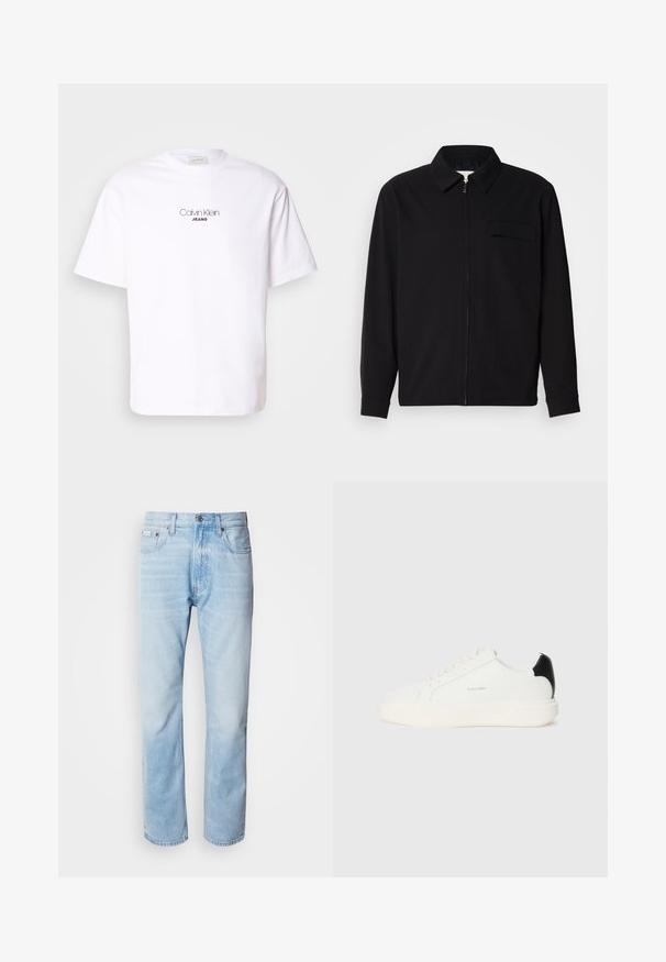 Črna dolgoročna majica z ovratnikom, sprednjim zadrgo in žepom na prsih. Narejena iz teksturirane tkanine z sproščenim krojem.; Bela bombažna majica z okroglim izrezom in kratkimi rokavi. Spredaj je napis "Calvin Klein" v minimalistični pisavi nad "JEANS."; Svijetloplave traperice s ravnim nogavicama, s izblijedjelim dijelovima, pet džepova i klasičnim dugmadi za kopčanje.; Bela usnjena športna obutev z črnimi poudarki na peti, okroglo oblikovana, z ravnimi vezalkami in debelim belim podplatom. Prikazana je blagovna znamka Calvin Klein.