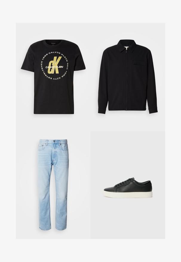 Camisa preta de manga longa com gola, fecho frontal com zíper e bolso no peito. Feita de um tecido texturizado com um corte descontraído.; T-shirt de algodão preta com mangas curtas, decote redondo e um grande logótipo gráfico em branco e dourado com a inscrição "Calvin Klein" e "CK."; Jeans de ganga azul clara com corte reto, apresentando seções desbotadas, design de cinco bolsos e um fecho clássico com botão.; Sneakers de couro preto com textura perfurada, bico redondo e sola de borracha branca plana. Apresenta atacadores pretos e um logótipo discreto na lateral.