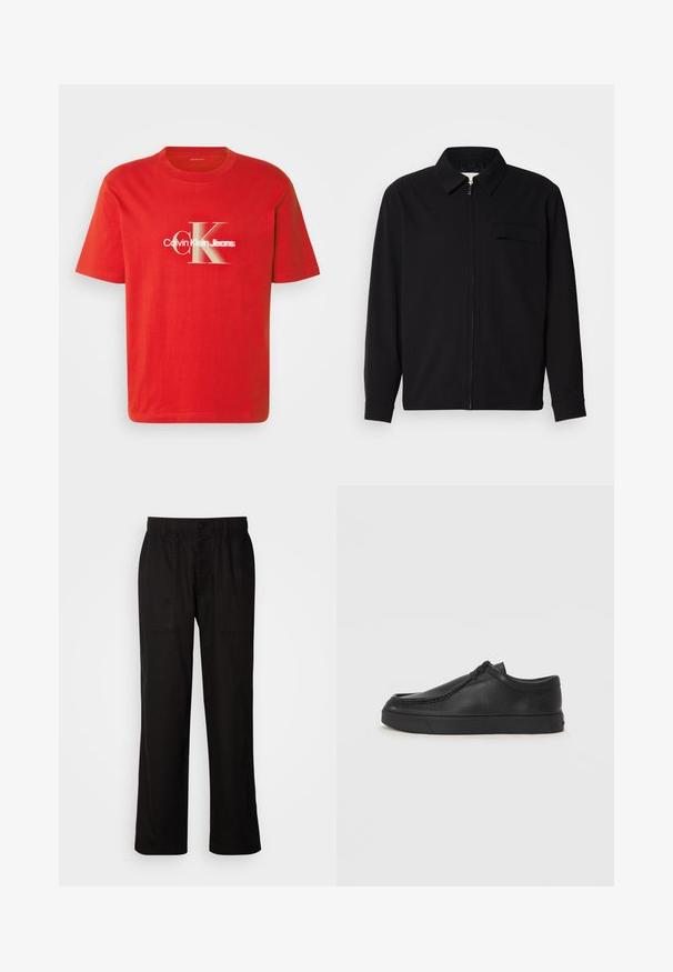 Black long-sleeve shirt featuring a collared neckline, front zip closure, and a chest pocket. Made of textured fabric with a relaxed fit.; Red cotton t-shirt featuring a large white graphic logo reading "Calvin Klein Jeans" with a stylized "CK." Short sleeves and round neckline.; Black pants with a relaxed fit, made from lightweight fabric. Features an elastic waistband, button closure, and two front pockets.; Black leather slip-on shoe with a rounded toe, stitched detailing, and black rubber sole. Smooth texture with minimalistic design.